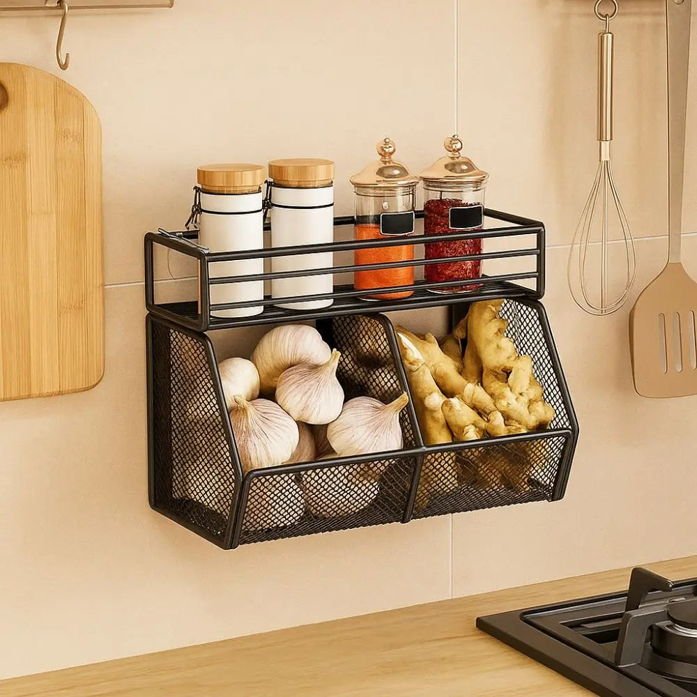 Wall Mounted Kitchen Storage Basket Punch-Free Grid Spice Storage Shelf Carbon Steel Onion Ginger Garlic Rack
