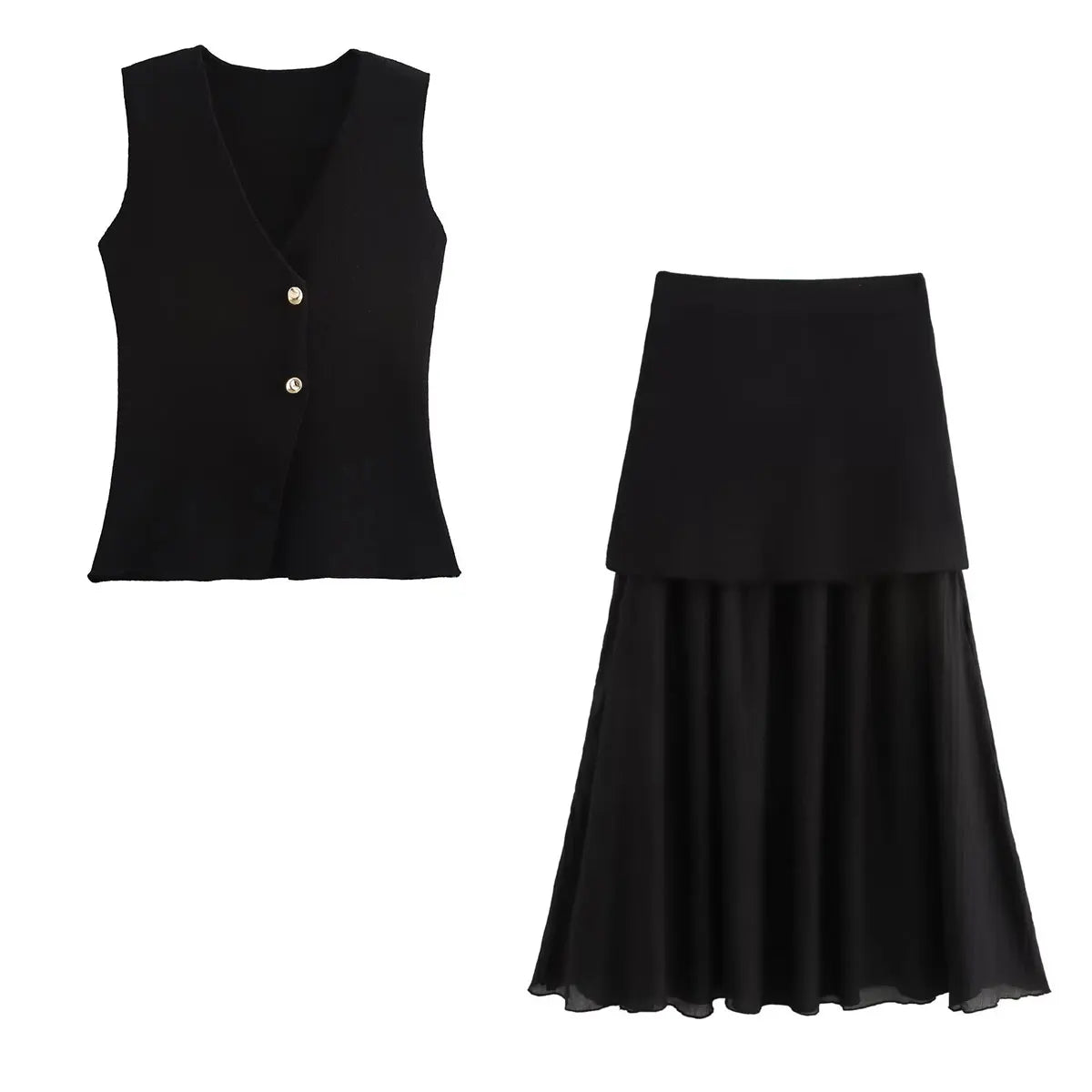 HH Women Skirt Set Wine Red Knitted V-Neck Sleeveless Slim Vest +Solid High Waist Zipper Patchwork Long Skirt Street