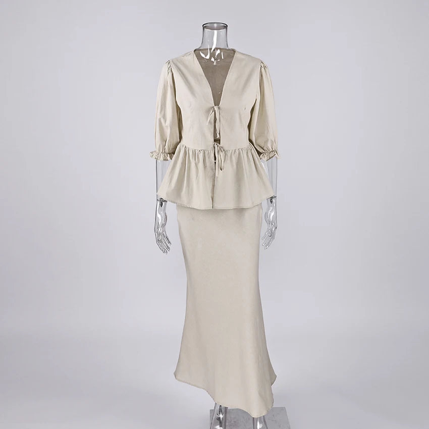 Linad Summer V-Neck Puff Sleeve A-Line Long Skirt 2 Piece Sets Woman Outfit Fashion Folds Khaki Loose Set Pure Cotton Woven Suit
