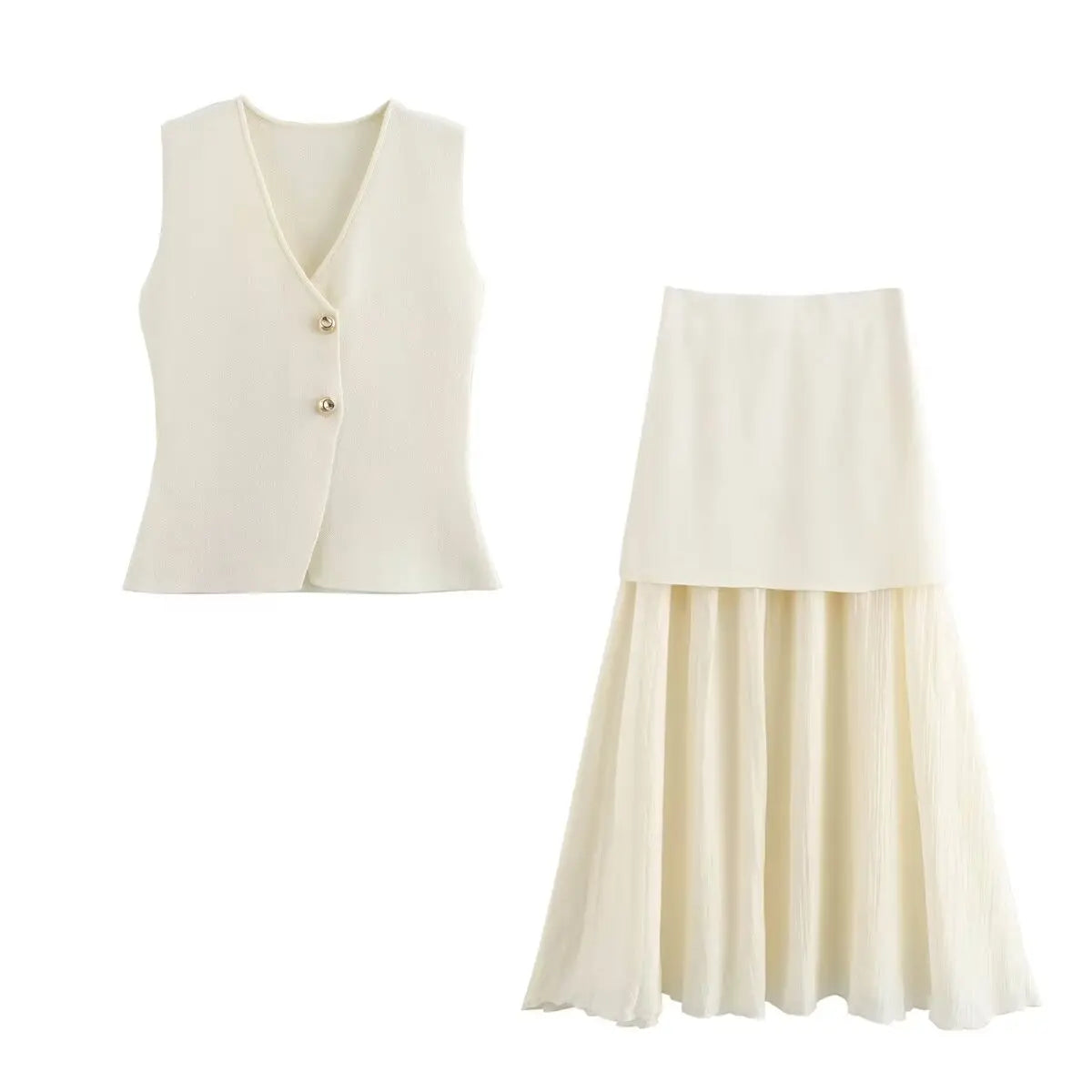HH Women Skirt Set Wine Red Knitted V-Neck Sleeveless Slim Vest +Solid High Waist Zipper Patchwork Long Skirt Street