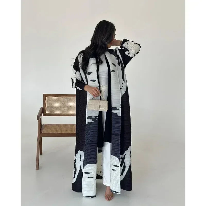 KAF Pleated Women Trench Coat Vintage Printed Cardigan Design Loose Plus Size Women Long Dress Dubai Female Luxury Abaya