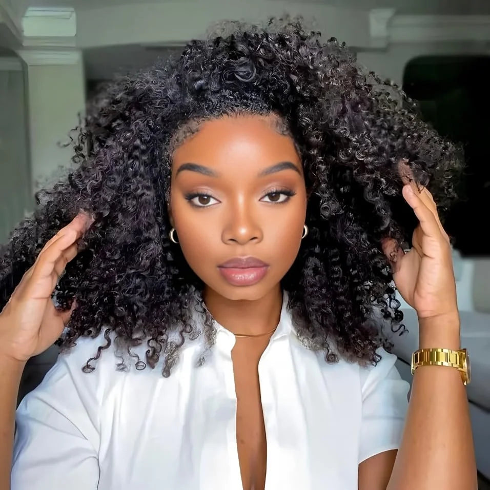 Glueless Wigs Upgrade 3 IN 1 Half Wig With Drawstring Seamless Clip Ins Flip Over Human Hair Afro Curly Headband Wig ISEE Hair