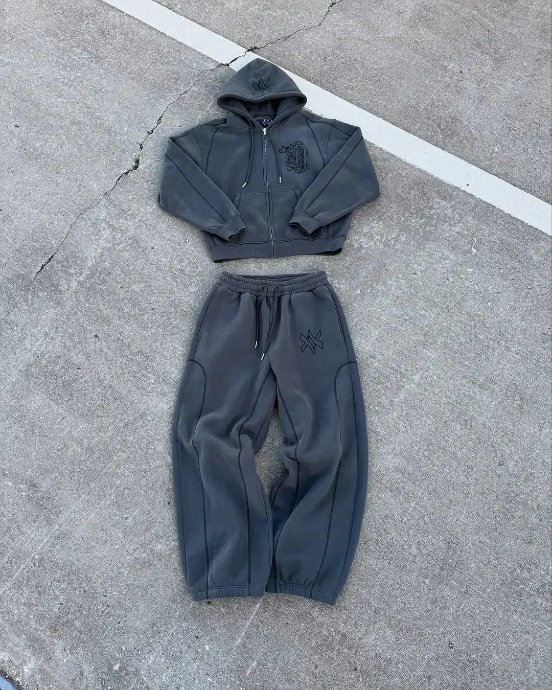 American Y2K Casual Zipper Hoodie Sweatpant Two Piece Set HipHop Oversized Embroidery Sweatshirts Men Women Casual Pants