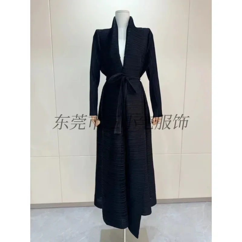 KAF Pleated Women Trench Coat Vintage Printed Cardigan Design Loose Plus Size Women Long Dress Dubai Female Luxury Abaya