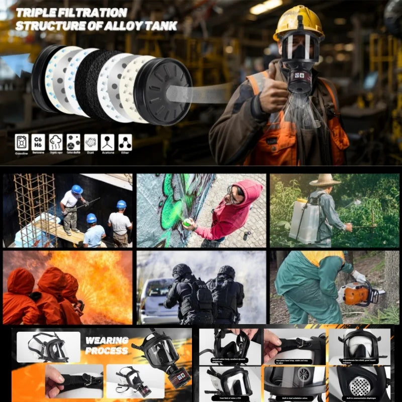 MF14 Full Gas Mask Reusable respirator -hypoallergenic plastic, self-priming filterzipper closure for industrial and scientific