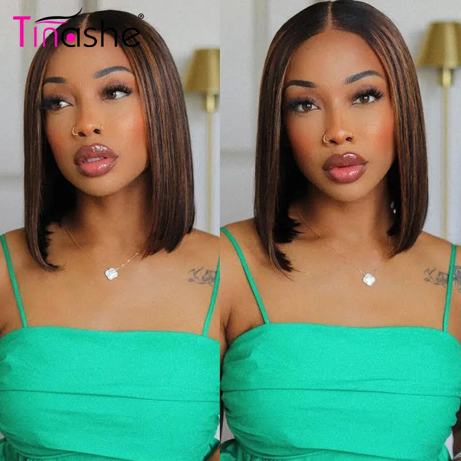 Tinashe Glueless Highlight Straight Bob Wig 6×5 HD Lace Wig Bleached Knot Short Human Hair Wigs
