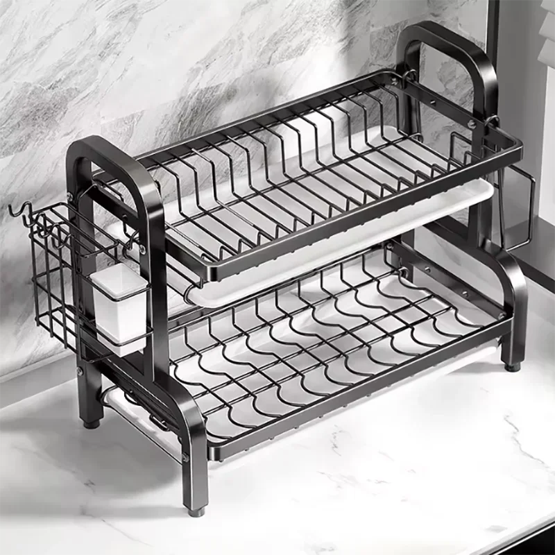 2-Tier Stainless Steel Dish Drainer Compact Kitchen Organizer with Utensil Holder Rustproof Countertop Storage