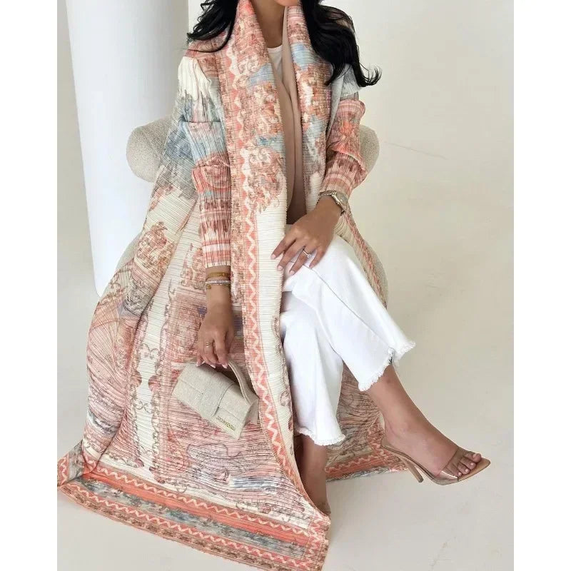KAF Pleated Women Trench Coat Vintage Printed Cardigan Design Loose Plus Size Women Long Dress Dubai Female Luxury Abaya
