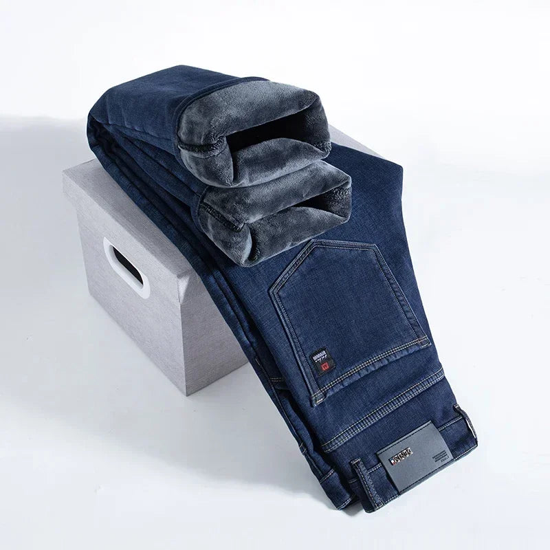 High Quality Winter Jeans New Casual Straight Tube with Fleece Thickening Loose Outside Warm Long Pants Streetwear Men