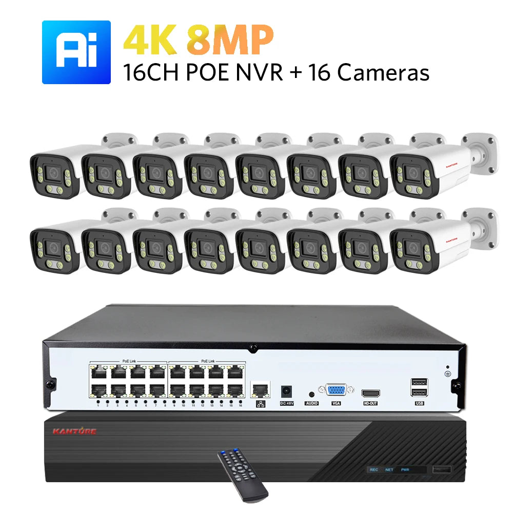 KANTURE 16CH 4K Ai Human Detection 8MP Outdoor Security Camera System Two-Way Audio Color Night Vision Video Surveillance Kit