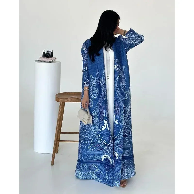 KAF Pleated Women Trench Coat Vintage Printed Cardigan Design Loose Plus Size Women Long Dress Dubai Female Luxury Abaya