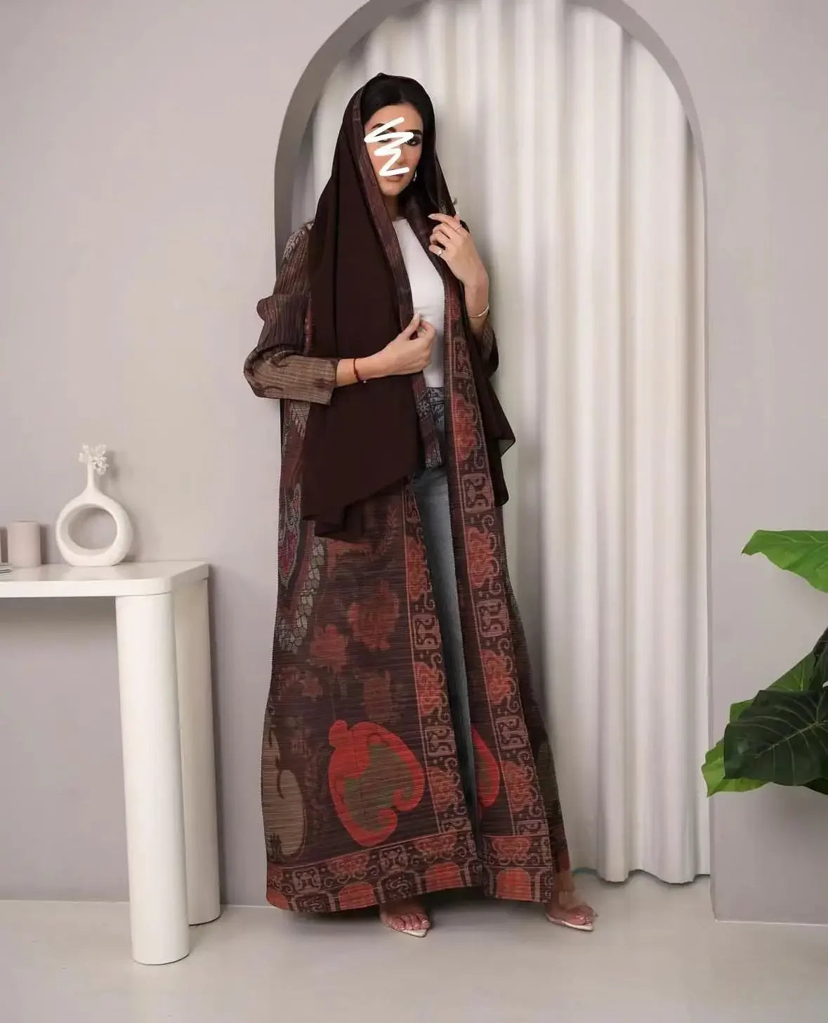 KAF Pleated Women Trench Coat Vintage Printed Cardigan Design Loose Plus Size Women Long Dress Dubai Female Luxury Abaya