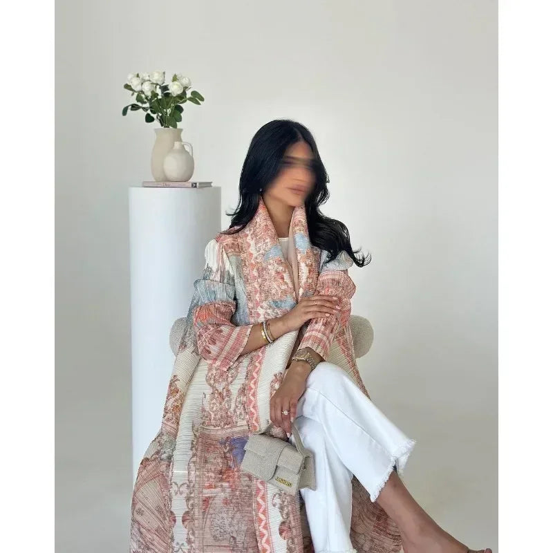KAF Pleated Women Trench Coat Vintage Printed Cardigan Design Loose Plus Size Women Long Dress Dubai Female Luxury Abaya
