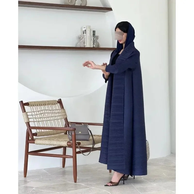 KAF Pleated Women Trench Coat Vintage Printed Cardigan Design Loose Plus Size Women Long Dress Dubai Female Luxury Abaya