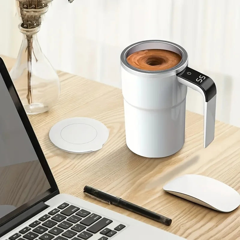 1pc 304 Stainless Steel Automatic Stirring Cup, Portable Coffee Mug with Temperature Display, USB Rechargeable, 200mAh Battery
