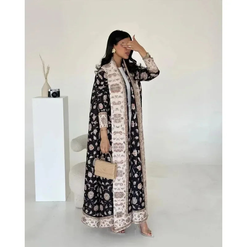 KAF Pleated Women Trench Coat Vintage Printed Cardigan Design Loose Plus Size Women Long Dress Dubai Female Luxury Abaya