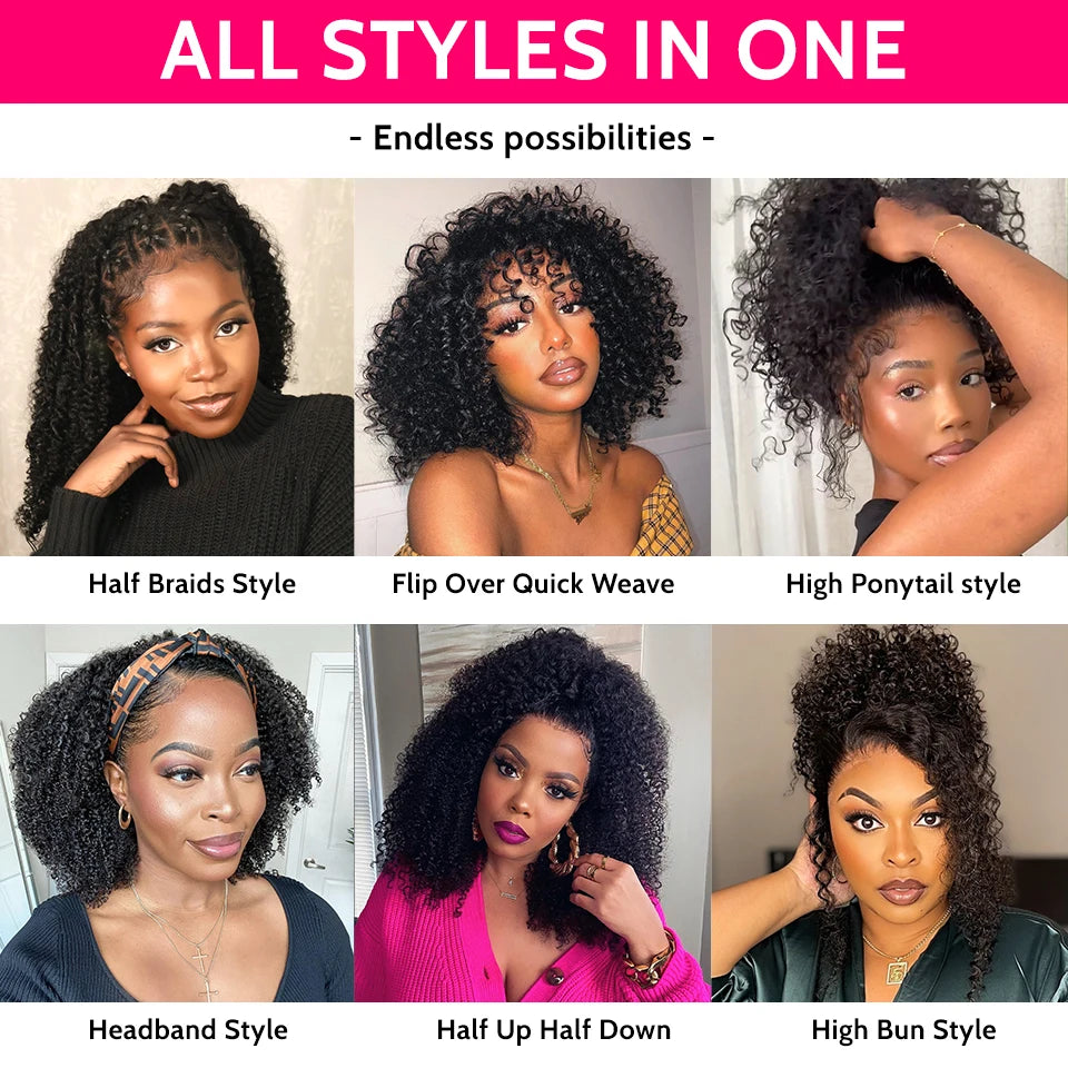 Glueless Wigs Upgrade 3 IN 1 Half Wig With Drawstring Seamless Clip Ins Flip Over Human Hair Afro Curly Headband Wig ISEE Hair