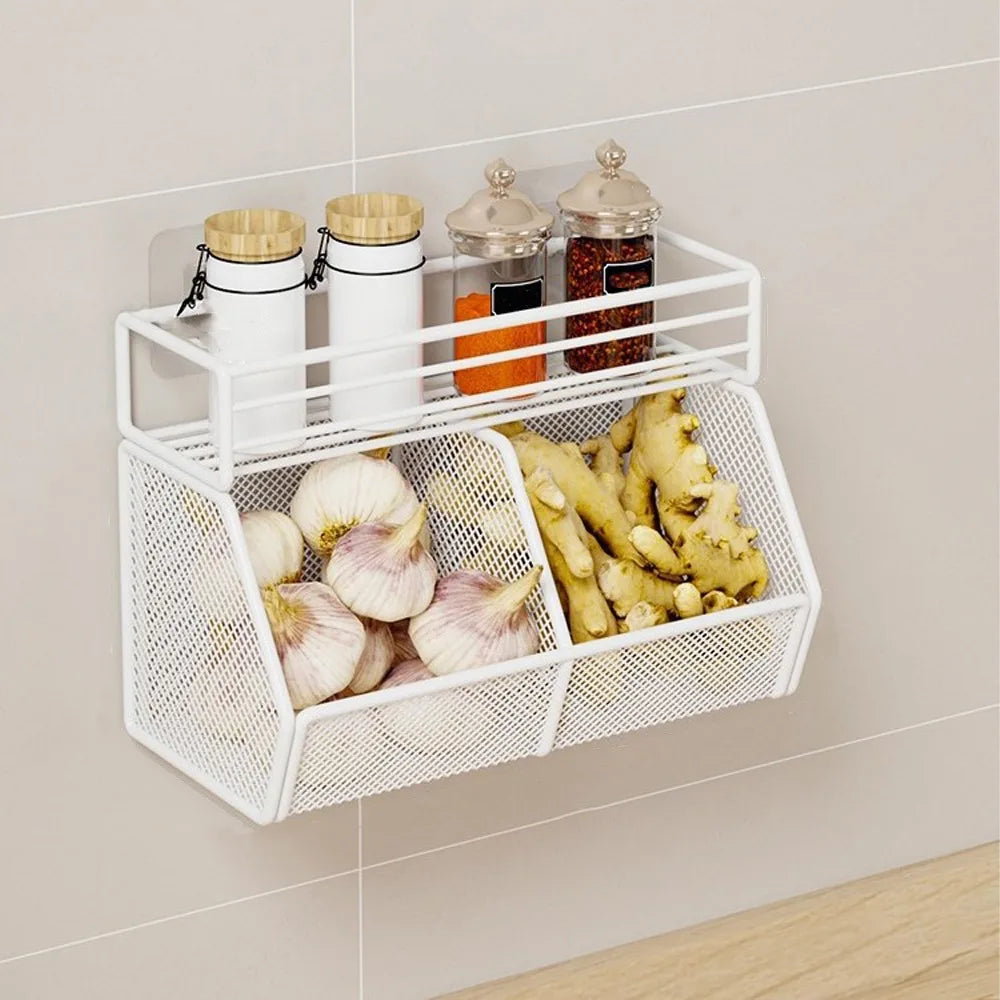 Wall Mounted Kitchen Storage Basket Punch-Free Grid Spice Storage Shelf Carbon Steel Onion Ginger Garlic Rack