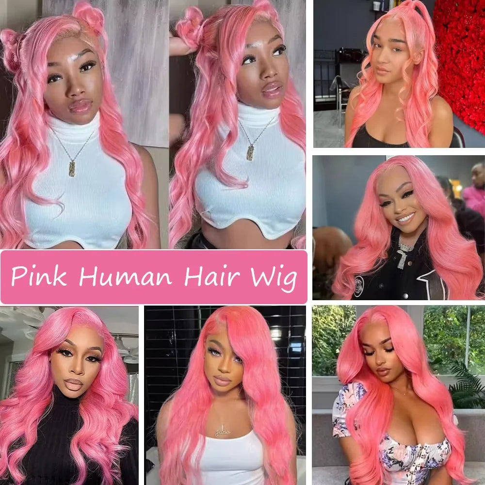 13x6 Pink HD Lace Front Wigs 100% Human Hair Body Wave Lace Frontal Wig For Women 13x4 Transparent Pre Plucked Colored Pink Wig