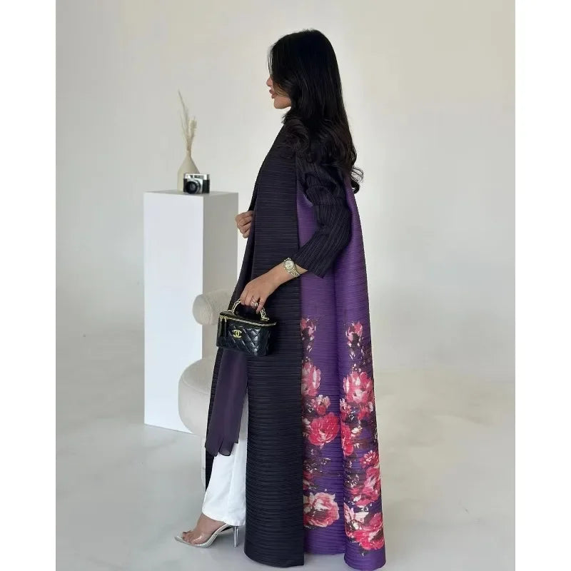 KAF Pleated Women Trench Coat Vintage Printed Cardigan Design Loose Plus Size Women Long Dress Dubai Female Luxury Abaya