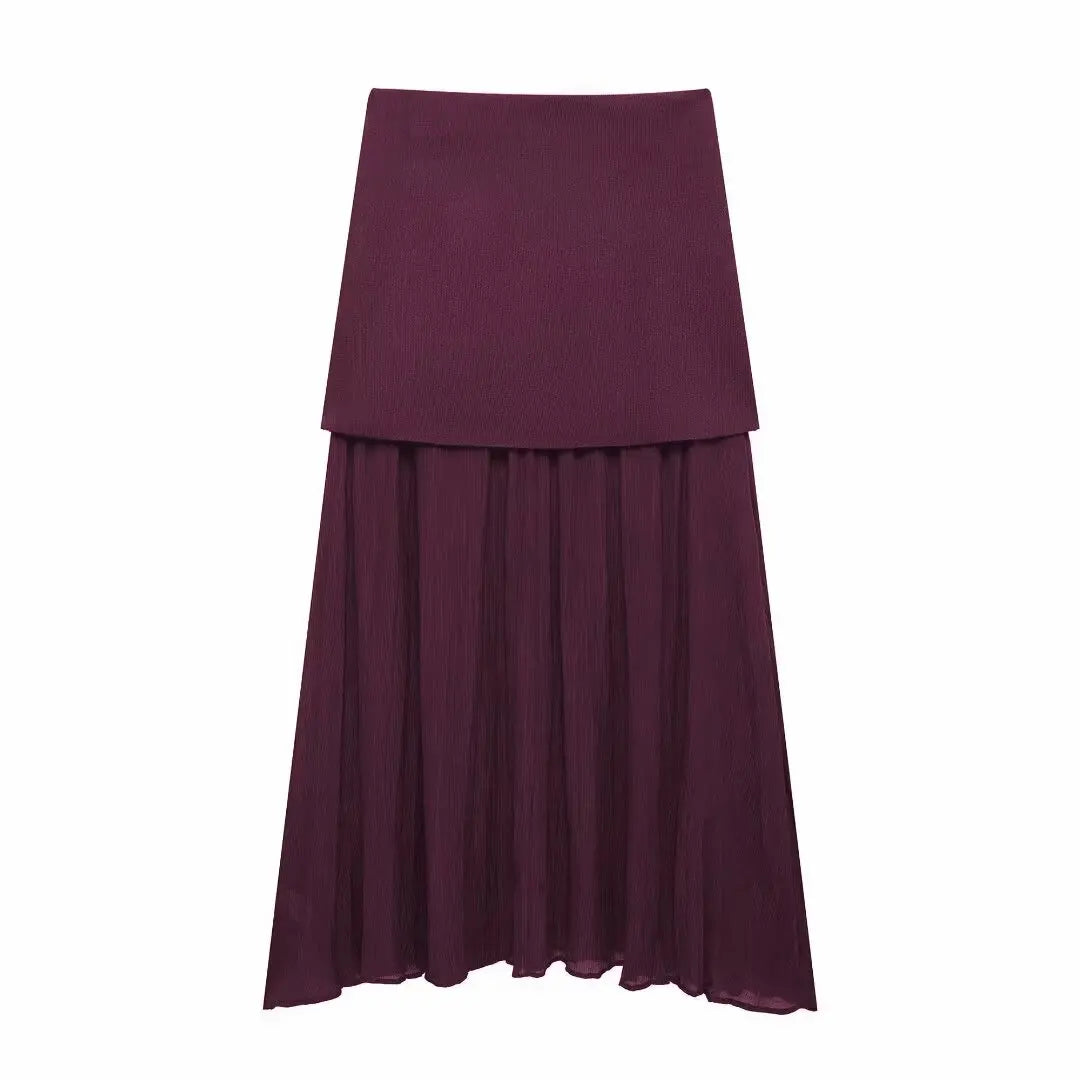 HH Women Skirt Set Wine Red Knitted V-Neck Sleeveless Slim Vest +Solid High Waist Zipper Patchwork Long Skirt Street