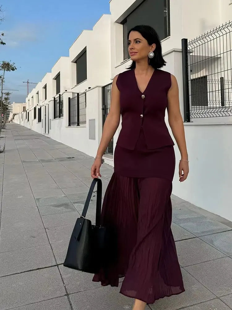 HH Women Skirt Set Wine Red Knitted V-Neck Sleeveless Slim Vest +Solid High Waist Zipper Patchwork Long Skirt Street