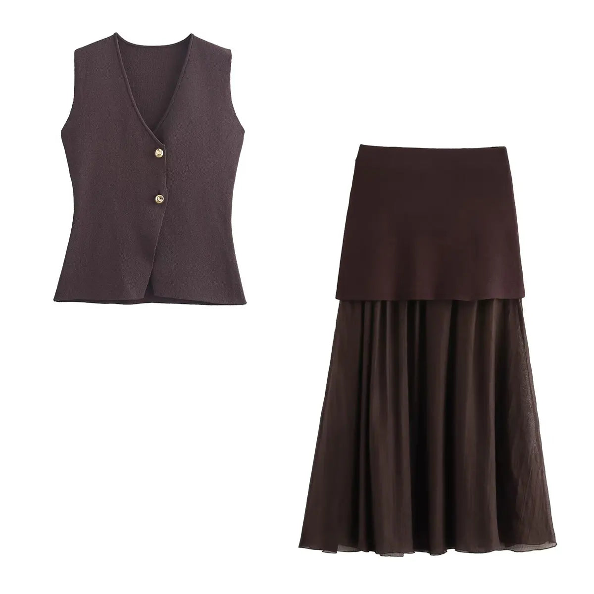 HH Women Skirt Set Wine Red Knitted V-Neck Sleeveless Slim Vest +Solid High Waist Zipper Patchwork Long Skirt Street