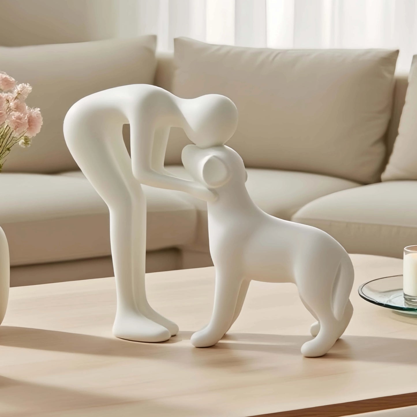 An elegant and simple black dog and owner statue, a warm gift for pet lovers and a home table decoration that is not easy to bre