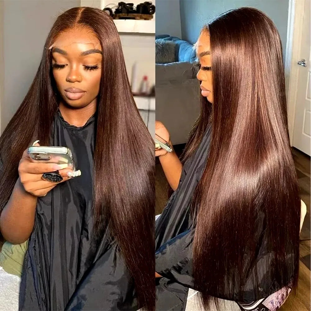 13x6 Chocolate Brown Bone Straight HD Lace Front Wig 30 Inch Lace Frontal Wig Human Hair Pre Plucked #4 Colored Human Hair Wigs