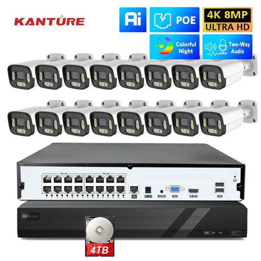 KANTURE 16CH 4K Ai Human Detection 8MP Outdoor Security Camera System Two-Way Audio Color Night Vision Video Surveillance Kit