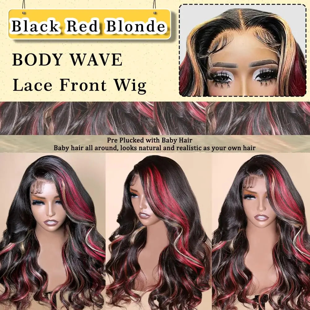 Ombre Red With Blonde Highlights Body Wave 5x5 Glueless Wigs Human Hair Burgundy for Women Pre Plucked 200 Density Colored Wig