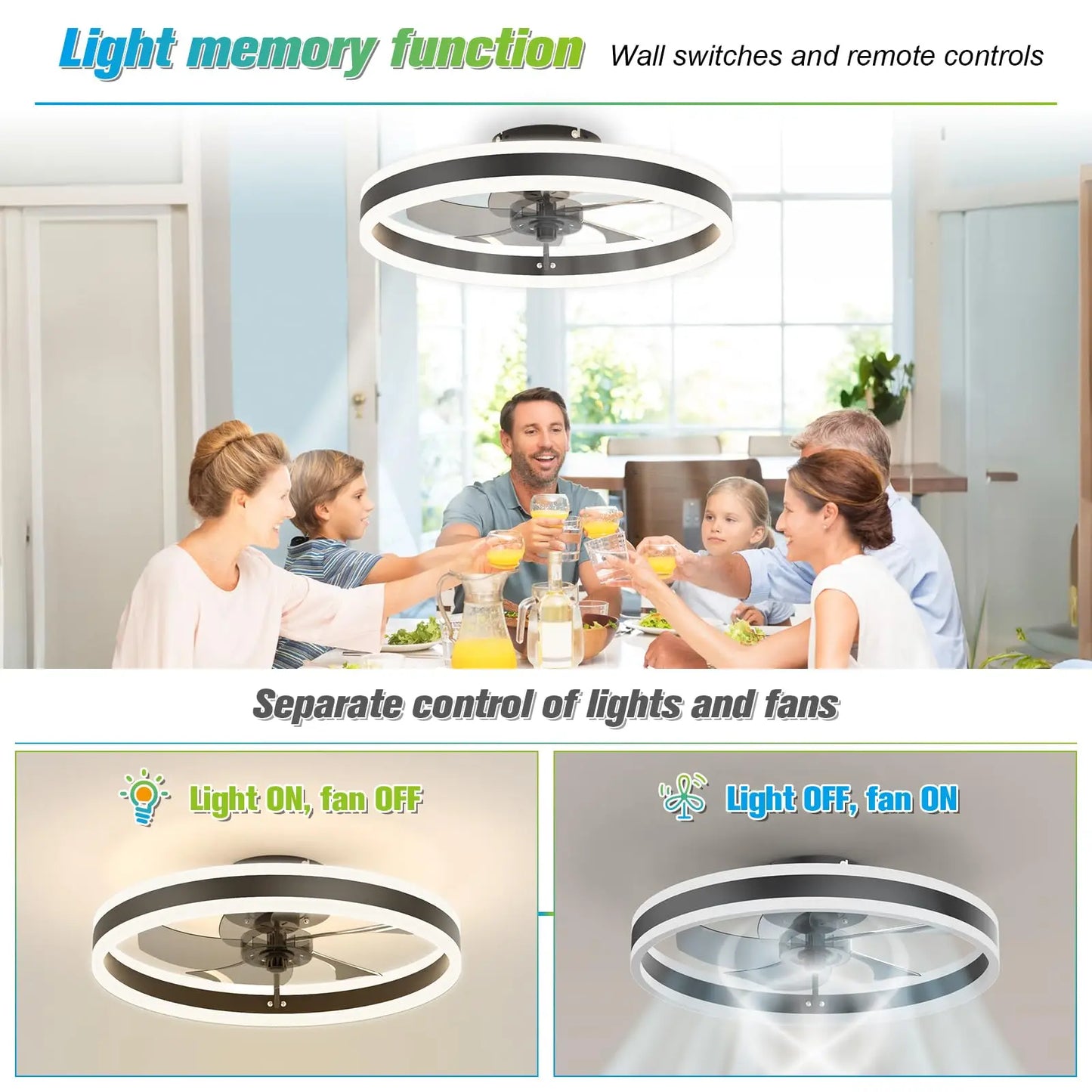 Jelena Silent Ceiling Fan with Remote Control and APP Dimming 6-speed Adjustment LED Fan Light Bedroom Living Room Decoration