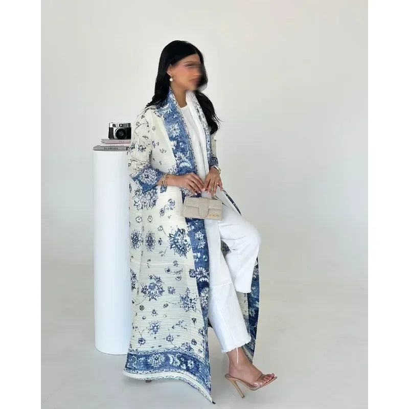 KAF Pleated Women Trench Coat Vintage Printed Cardigan Design Loose Plus Size Women Long Dress Dubai Female Luxury Abaya