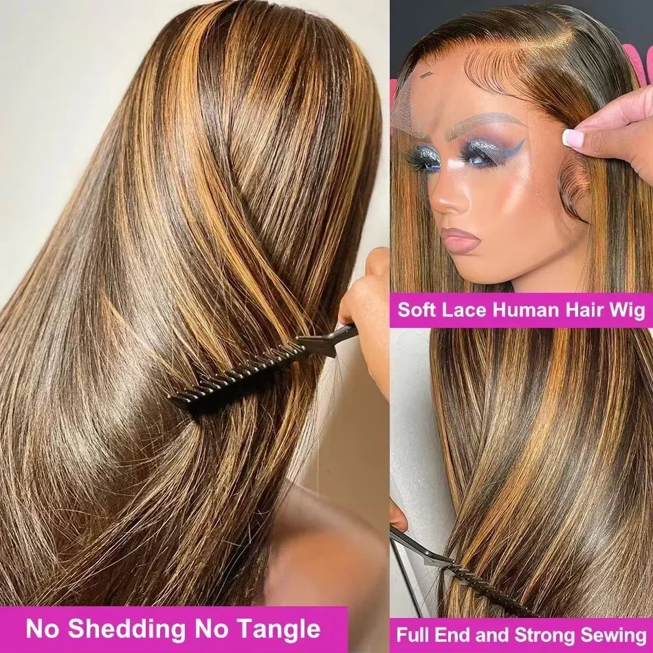 40 Inch Highlight Ombre Bone Straight Human Hair Wig Colored 13x6 HD Lace Frontal Wig 360 Full Lace Front 100% Human Hair Wigs