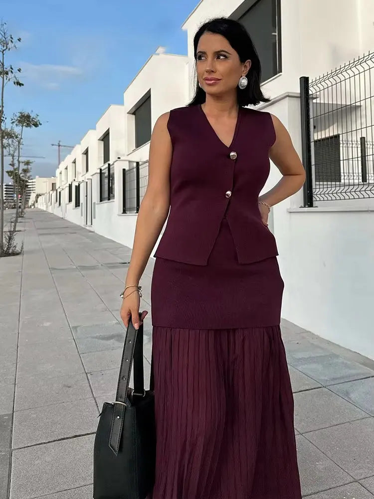 HH Women Skirt Set Wine Red Knitted V-Neck Sleeveless Slim Vest +Solid High Waist Zipper Patchwork Long Skirt Street