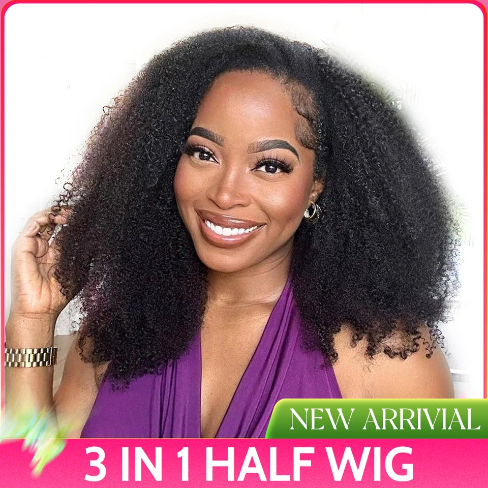 Glueless Wigs Upgrade 3 IN 1 Half Wig With Drawstring Seamless Clip Ins Flip Over Human Hair Afro Curly Headband Wig ISEE Hair