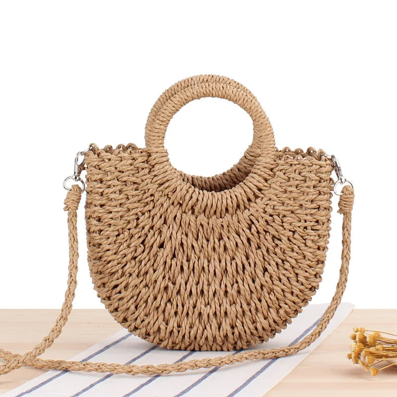 Summer Handmade Bags for Women Beach Weaving Ladies Straw Bag Wrapped Beach Bag Moon shaped Top Handle Handbags Totes